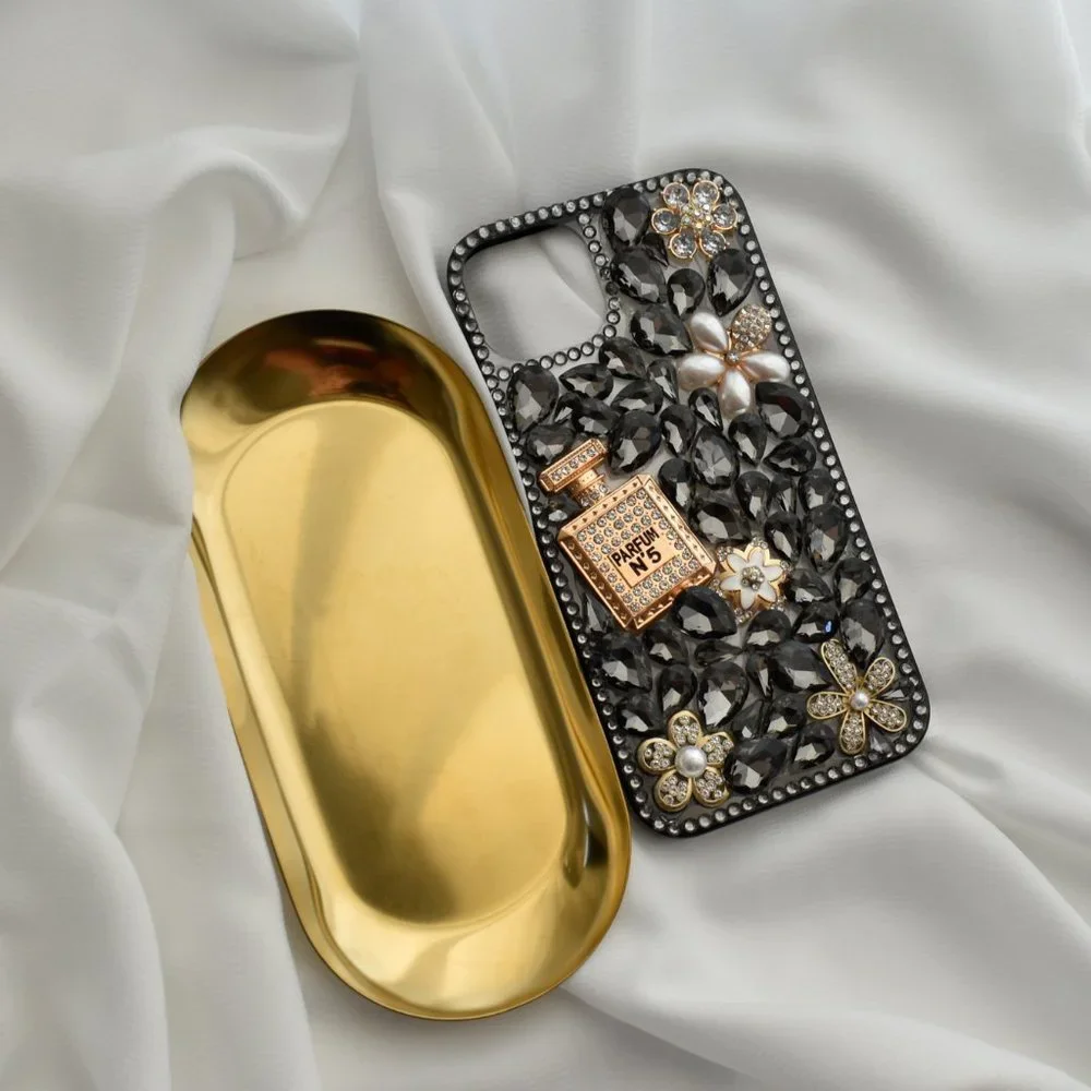 Diamond Encrusted Silicone Black iPhone case with Perfume bottle - iPhone 14/13